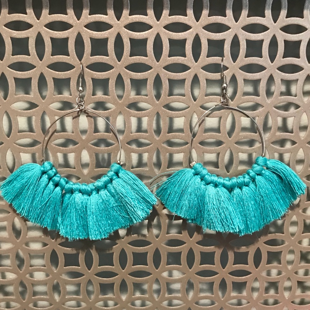Turquoise blue tassel hoop earrings